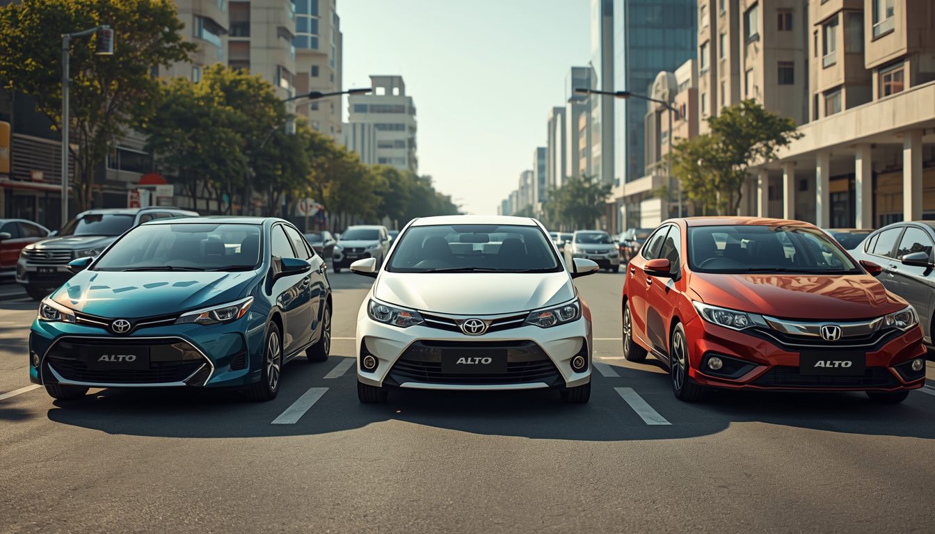 "Car for sale in Lahore showing Toyota Corolla, Suzuki Alto, and Honda City in DHA/Gulberg